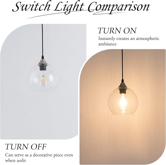 Clear Raindrop Glass Pendant Light Seeded Bubble Glass Shade Plug in Swag Lamp with Dimmable Switch 16.4 Ft Cord for Kitchen Island Dining Room Modern Farmhouse （Bulb not Included）