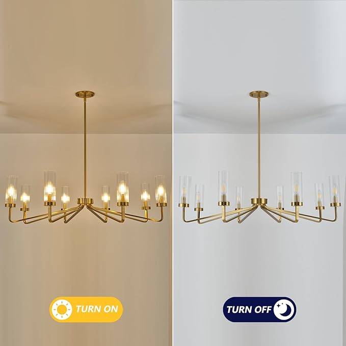 40" Brushed Gold Chandelier with Glass Shades, 8-Light Large Farmhouse Pendant Lights for Dining Room Living Room Bedroom Kitchen