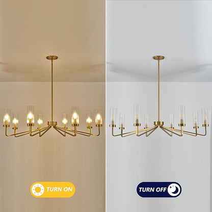 40" Brushed Gold Chandelier with Glass Shades, 8-Light Large Farmhouse Pendant Lights for Dining Room Living Room Bedroom Kitchen
