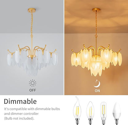 LumFurn D29inch Glass Chandelier, 7-Light Modern Pendant Light Fixture for Dining Room, Living Room, D29 x H27~72 inch Adjustable Height, Frosted Feather-Shaped Glass Shade & Brass Finish Frame