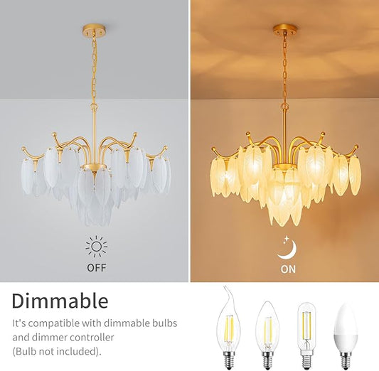 LumFurn D29inch Glass Chandelier, 7-Light Modern Pendant Light Fixture for Dining Room, Living Room, D29 x H27~72 inch Adjustable Height, Frosted Feather-Shaped Glass Shade & Brass Finish Frame