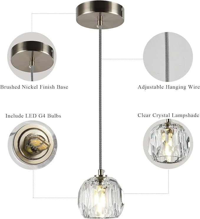 Modern Crystal Pendant Light Fixtures, Single Raindrop Hanging Lamp, Small 1 Light Farmhouse Chandelier for Dining Room Bedroom Bathroom Kitchen Island