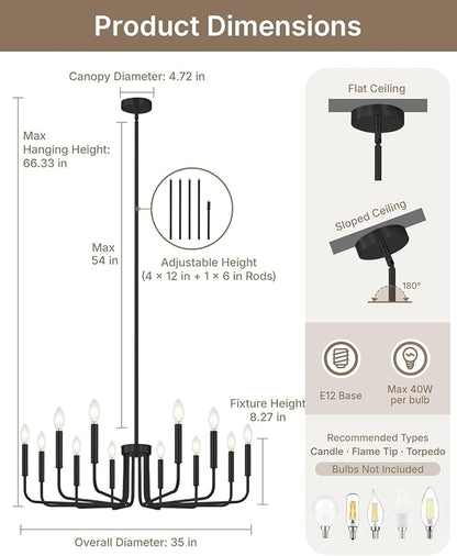 Yunnix 12 Light Black Chandelier, 35" Extra Large Modern Farmhouse Hanging Fixture - Industrial Matte Black Dining Room Light for Kitchen Island, Living Room, Hall, Foyer