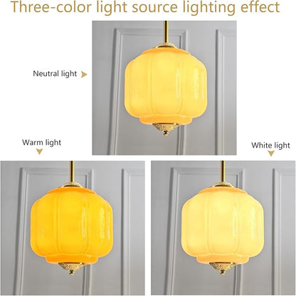 Milk Glass Pendant Light, 10 Inch Yellow Semi Flush Mount Ceiling Light, Vintage Glass Shade Chandelier With Dimmable E26 Base, Adjustable Hanging Rod, Pendant Light for Bedroom, Hallway, Dining Room