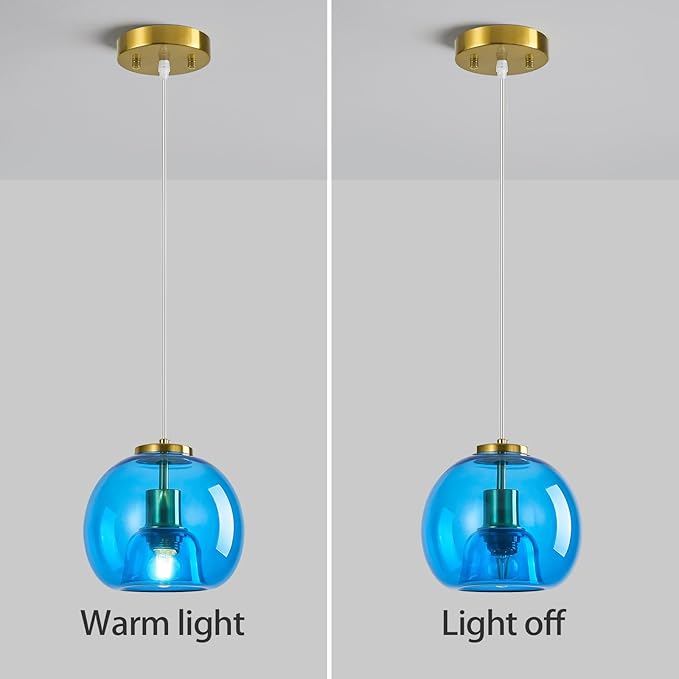 Blue Glass Pendant Lights Kitchen Island Gold Hanging Light Fixture Glass Globe Pendant Light Modern Pendant Lighting for Kitchen Island Bedroom Dining Room (7.87", 2 Pack)