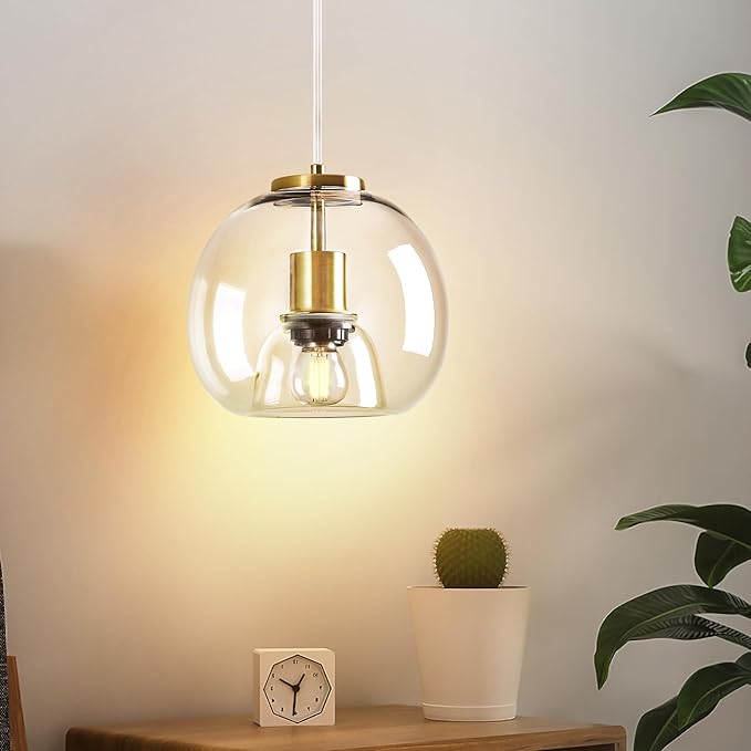 Clear Glass Pendant Lights Kitchen Island 2 Pack 7.87" Glass Globe Pendant Light Gold Hanging Light Fixture Modern Pendant Lighting for Kitchen Island Bedroom Dining Room
