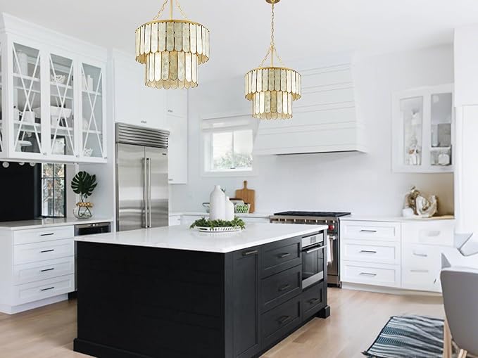 Capiz Shell Chandelier H66.2'' x D20.5'', Natural Ceiling Light Fixtures Coastal Chandeliers for Living Room Bedroom Office(More Additional Shell Parts Included) Gold