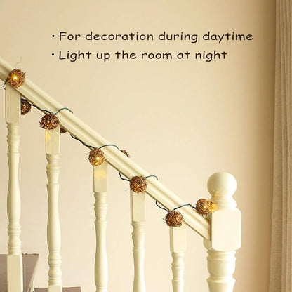 ACRAFT Handmade Dark Brown Rattan Ball String Lights Plug in Fairy Lights for Indoor Outdoor Patio Garden Balcony with End-to-end Connector Decorative Lighting