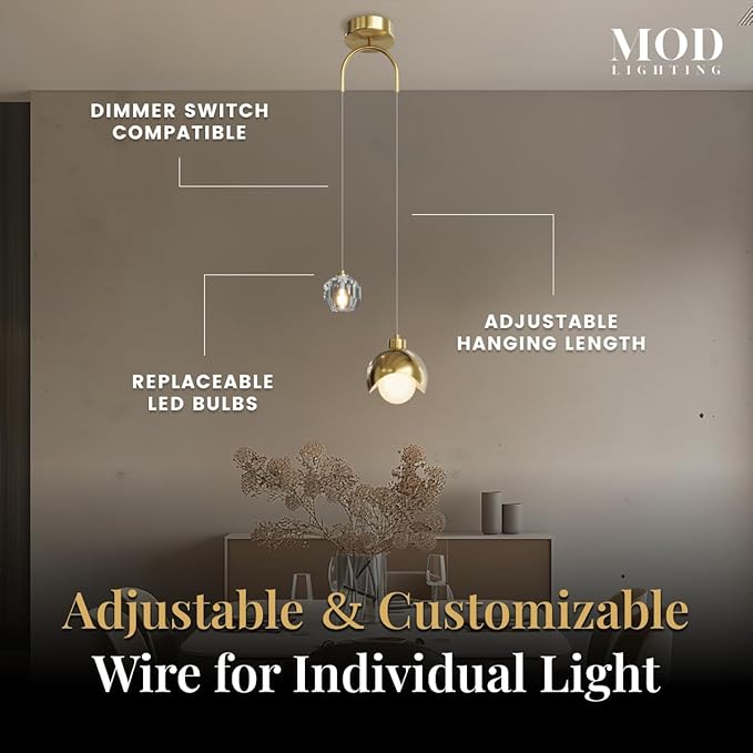 MOD LIGHTING Diana | Modern Gold Pendant Light Fixtures, Hanging Lights for Kitchen Island, Bedroom Lighting for Tracking, Dimmable LED Bulbs, 1-Pack (Gold & Crystal | 79" | Warm White)