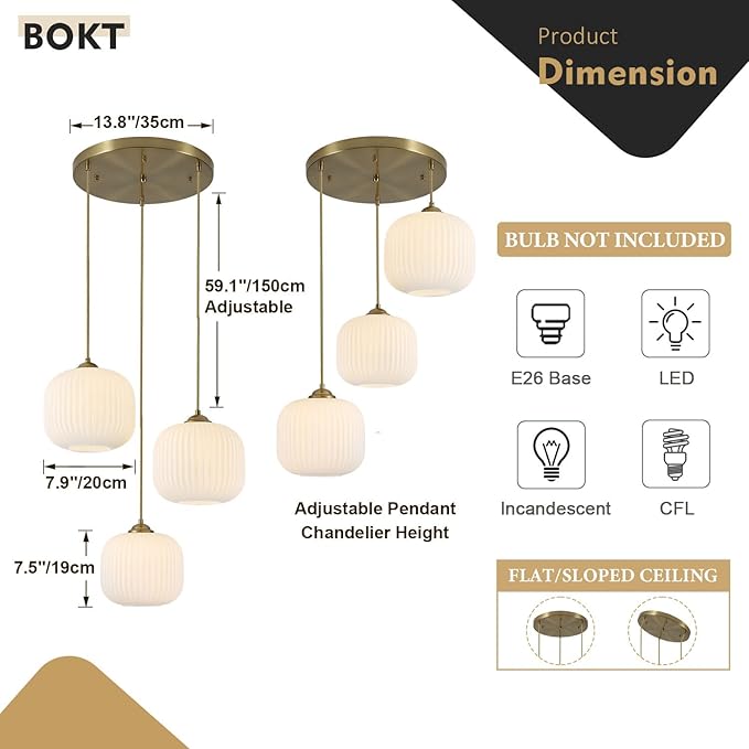BOKT White Pendant Lights Kitchen Island 3 Light Globe Cluster Pendant Light Large Ribbed Glass Cluster Chandelier Gold Vintage Adjustable Hanging Light Fixture for Sink Dining Room