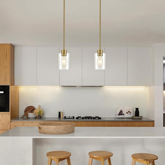 Modern Farmhouse Brass Gold Pendant Lights, Mini Hanging Light Fixture with Clear Glass Shade, Adjustable Rods for Kitchen Island, Sink, Bar (1 Pack)