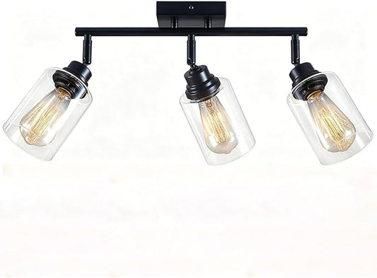Modern 3-Light Track Lighting Fixtures Ceiling, Light Fixtures Ceiling Mount with Clear Glass Shades, Matte Black Kitchen Ceiling Light Fixtures for Bedroom, Living Room & E26 Base
