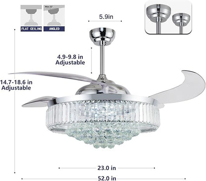 DuMaiWay 52" Dimmable Chandelier Ceiling Fan with Lights, Fandelier, Retractable Crystal Ceiling Fan Chandelier with Remote Control LED Light for Bedroom Living Room Polished Chrome 6 Speed