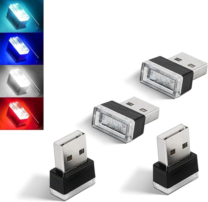4PCS USB LED Car Interior Atmosphere Lamp, Plug-in USB Decor Night Light, Portable Auto Ambient Lighting Kit, Universal Vehicle Interior Accessories Mini USB LED Light for Most Cars (4 Colors)