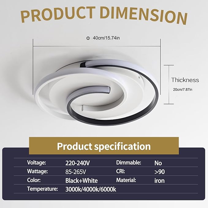 Spiral LED Ceiling Light, 3 Color Changeable 3000K/4000K/6000K, 16 Inch Modern Flush Mount Ceiling Lamp for Bedroom, Living Room, Kitchen, Hallway