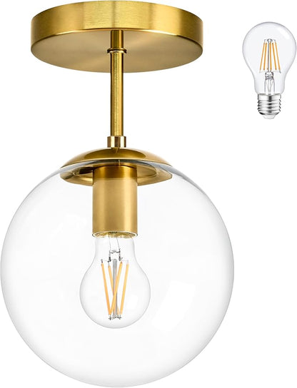 Bagood 8 Inch Gold Semi Flush Mount Ceiling Light Fixture Clear Glass Globe Ceiling Light Fixture Modern Hallway Light Fixtures Mid Century Ceiling Light Brass Finish for Entryway Bedroom (Bulb Incl.)