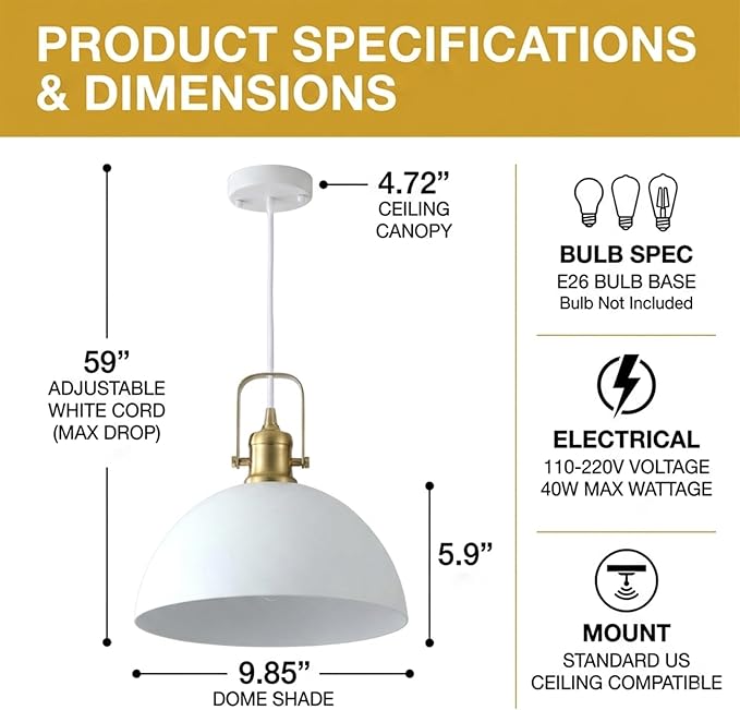 Matte White Pendant Lights Kitchen Island 3 Pack, Modern Farmhouse Hanging Light Fixtures with Gold Interior, Hardwired Metal Ceiling Lighting Over Sink Dining Room