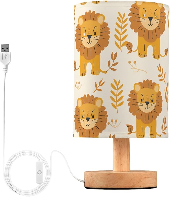 Bedside Table Lamp Cute Lion Leaves Nightstand Lamp with Wood Desk Lamps for Bedroom Living Room Nursery Office Home Decor