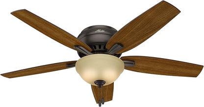 Hunter 52 inch Indoor Ceiling Fan with LED Light - Bronze Ceiling Fan with Pull Chain, For Bedroom or Living Room, Low Profile Flush Mount, No Remote, 5 Blades - Newsome 53314, Premier Bronze