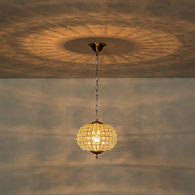 12" Globe Crystal Chandelier, Farmhouse Round Gold Crystal Pendant Light 1-Light Antique Foyer Chandelier for Dining Room Living Room Hallway Entryway
