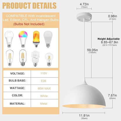 3 Pack White Pendant Lights Kitchen Island 11.8" Modern Dome Pendant Light Fixtures Farmhouse Industrial Vintage Hanging Ceiling Light Fixture for Dining Room Foyer Hallway Bar Cafe Kitchen
