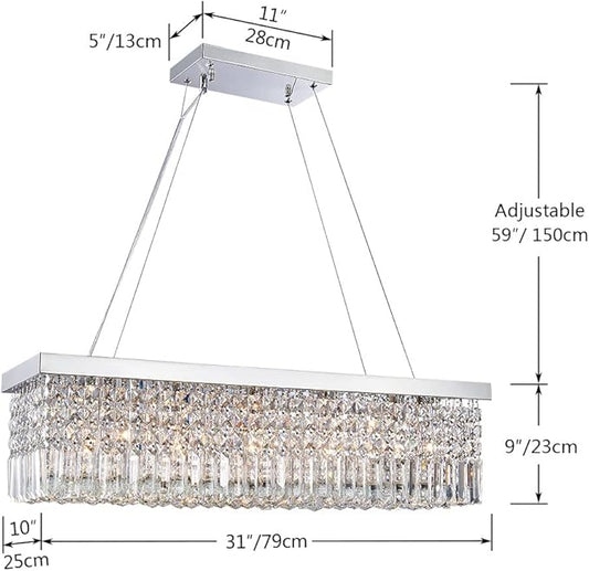Saint Mossi 5-Lights K9 Crystal Chandelier for Dining Room, Rectangular Pendant Light Fixture for Kitchen Island, Raindrop Flush Mount Ceiling Light Fixture,H9 x W10 x L31, Chain Adjustable