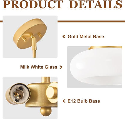 WOKNOS Mid-Century Modern Gold Semi Flush Mount Ceiling Light, 3-Light Kitchen Light Fixtures with Glass Shade for Entryway Hallway Bathroom Bedroom (12.6 Inch)