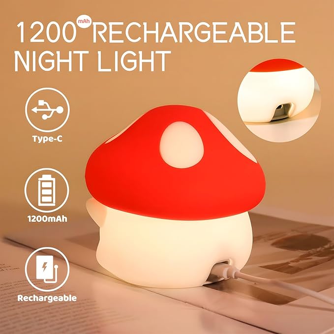 Mushroom Night Light Color Changing, 50Hrs Mushroom Lamp, Tap Control 2 Brightness & Timer, Rechargeable Squishy Night Lamp for Kids Adults, [Mothers Day Gifts]