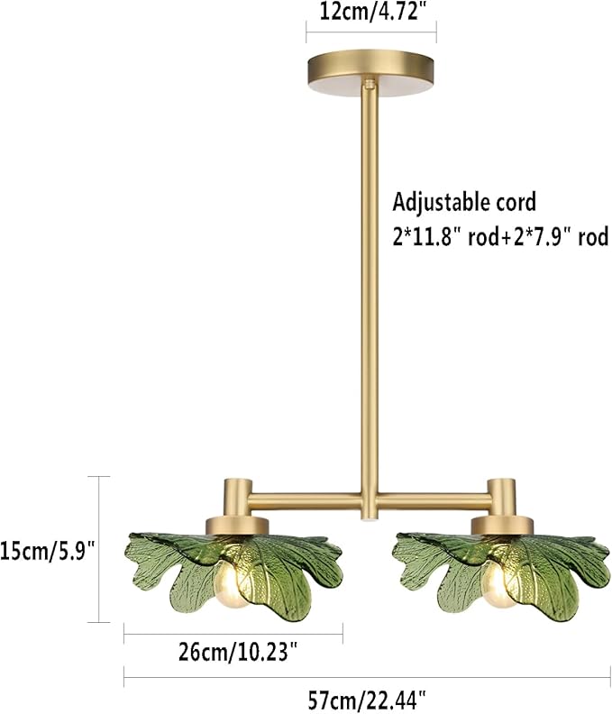 2-Light Modern Green Glass Chandelier, Gold Pendant Light with Leaf-Shaped Shades, Adjustable Height Industrial Farmhouse Chandelier for Dining Room, Kitchen Island, Foyer