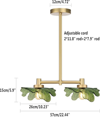 2-Light Modern Green Glass Chandelier, Gold Pendant Light with Leaf-Shaped Shades, Adjustable Height Industrial Farmhouse Chandelier for Dining Room, Kitchen Island, Foyer