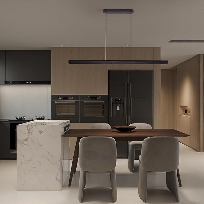 YISDESIGN 47inch Wood LED Linear Pendant Light, Dimmable Wood Ceiling Lamp,Minimalist Linear Chandelier, 36W Warm Light 3000K, Modern Kitchen Island Dining Room Lighting Black Adjustable Height