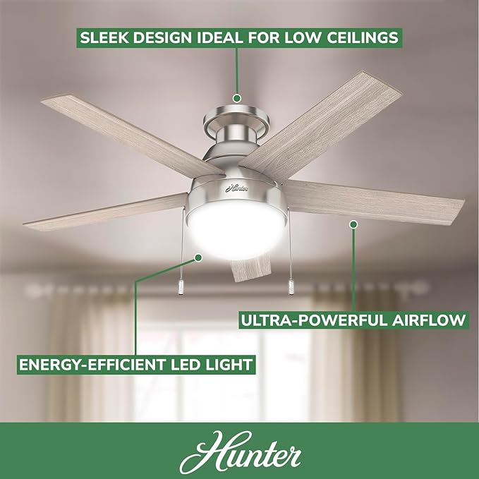 Hunter 46 inch Indoor Ceiling Fan with LED Light - Ceiling Fan with Pull Chain, for Bedroom, Living Room, or Kitchen, Low Profile Mount, No Remote, 5 Blades - Anslee 50278, Brushed Nickel