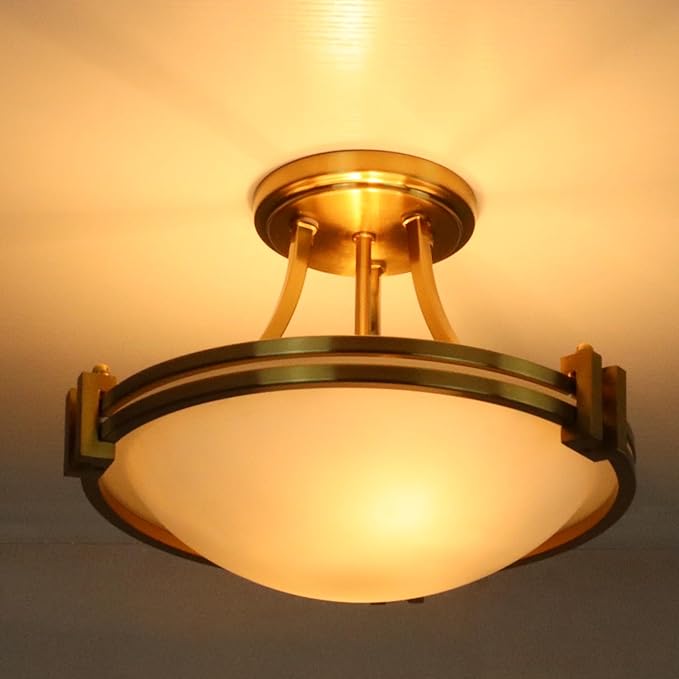 12-Inch Gold Semi Flush Mount Ceiling Light Milk Glass Light Fixture Mid Century Modern 2-Light Brass Glass Ceiling Light for Hallway Bedroom Foyer