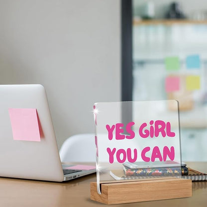 Inspirational Gifts for Women Girl Friend Bestie Sister, Pink Motivational Quote Sign, Yes Girl You Can Acrylic Plaque Table Sign Home Office Desk Decor 4 × 4 Inch