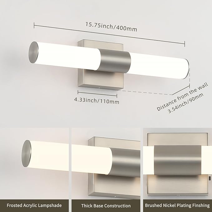 Brushed Nickel Vanity Light for Bathroom Lights Fixtures Over Mirror 5CCT Dimmable Vanity Light Bar 15.74-Inch 12W Bathroom Lighting Fixtures for Mirror