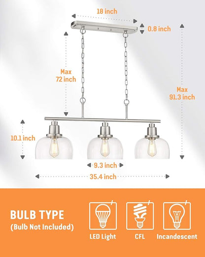 EAPUDUN 3-Light Kitchen Island Light, Farmhouse Pendant Lighting for Dining Room Pool Table Ceiling Light, Brushed Nickel Finish with Clear Glass, PDA1125-BNK