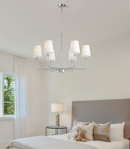 6-Light Chrome Farmhouse Chandelier with Linen Shades, E12 Base Industrial Ceiling Light Fixture, Adjustable Chain for Sloped Ceilings, Kitchen Island & Dining Room Fixture