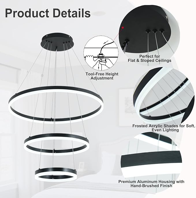 3 Rings Modern LED Chandelier Black High Ceiling Ring Chandeliers with Remote Control Circular Pendant Light Dimmable for Dining Room Living Room Bedroom Foyer Entryway 3000K-6500K
