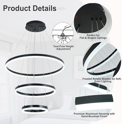 3 Rings Modern LED Chandelier Black High Ceiling Ring Chandeliers with Remote Control Circular Pendant Light Dimmable for Dining Room Living Room Bedroom Foyer Entryway 3000K-6500K