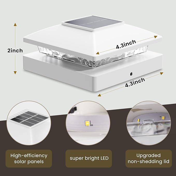 Solar Post Cap Lights Outdoor 8pack, White Waterproof Solar Powered Deck Fence Lights Fit 4x4 Wood/Vinyl Posts, Bright Warm White Solar Fence Cap Decorate Deck, Patio, Porch, Fence