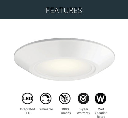 Kichler Horizon LED Downlight in White, 6.4" Flush Mount Interior Dimmable Light, 3000K, Wet Rated Integrated LED, (6.4" W x 1.3" H), 43873WHLED30, White