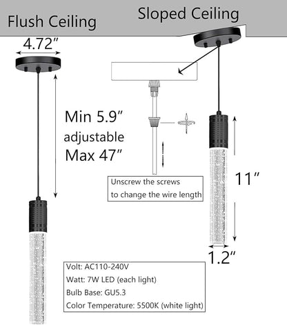 HAIXIANG 4 Pcaks Pendant Lights for Kitchen Island, White Light, Black Crystal Linear Pendant Lighting, Bar Corner LED Light Fixture