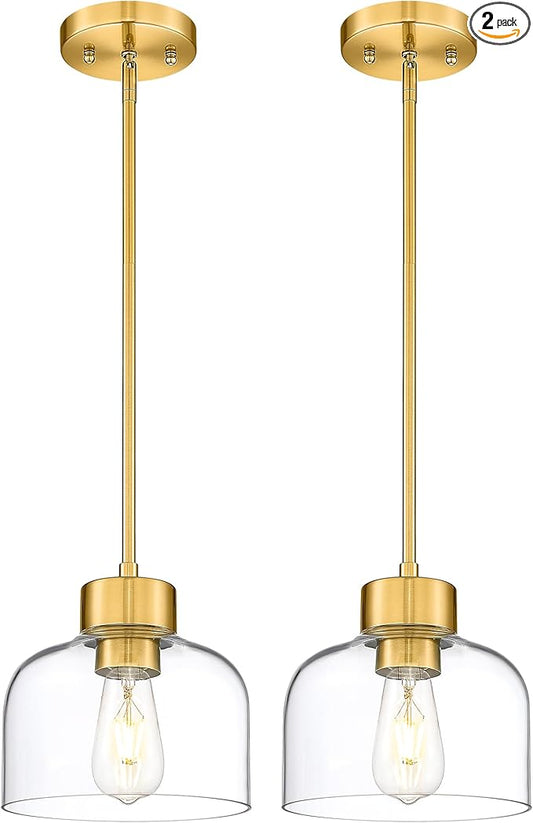 2-Pack Pendant Lights Kitchen Island, 8" Brushed Gold Hanging Light Fixtures with Clear Glass Shade, Modern Brass Kitchen Pendant Lighting Over Island for Dining Room, AD-24024-1P2L-GD