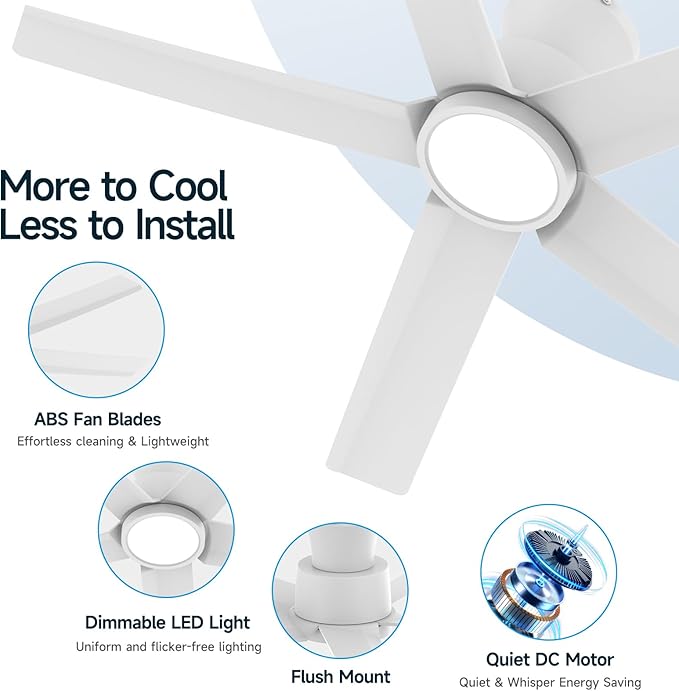 ocioc 44 Inch Ceiling Fans with Lights, Large Air Volume Ceiling Fan with Nightlight, Ultra Quiet Reversible DC Motor with Remote（White）