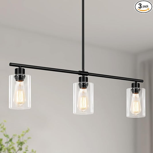 3-Light Kitchen Island Lighting, Farmhouse Dining Room Light Fixtures Over Table, Modern Brushed Nickel Island Lights Over Island, Linear Chandelier Hanging Ceiling Pendant Light Fixtures for Kitchen
