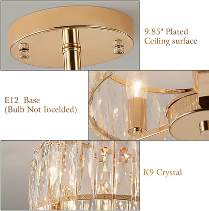 K9 Crystal Gold Chandelier Ceiling Lighting, 3-Lights Modern Mini Crystal Semi Flush Mount Pendant Lamp Fixture with E12 Bulb Base for Living Room Hallway Dining Room Bedroom (H10.4 x D12.5)