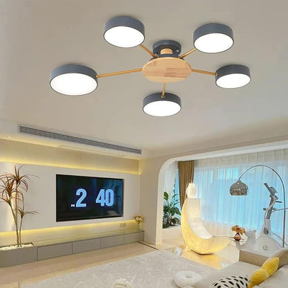 5-Lights LED Ceiling Light Fixture,32 Inch Modern Ceiling Lights Flush Mount Wooden 40W Dimmable Chandelier for Living Room Bedroom Kitchen,3000K/4000K/6000K Grey