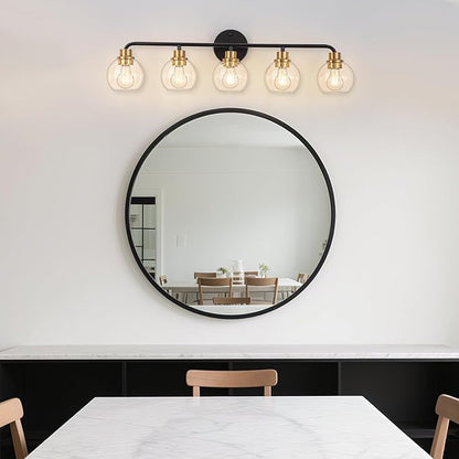 5 Light Bathroom Vanity Light, Black and Gold Bathroom Light Fixtures with Clear Glass Shade Modern Wall Sconces Lighting Bath Wall Lights Lamp for Mirror Kitchen Living Room Bedroom Hallway Cabinet