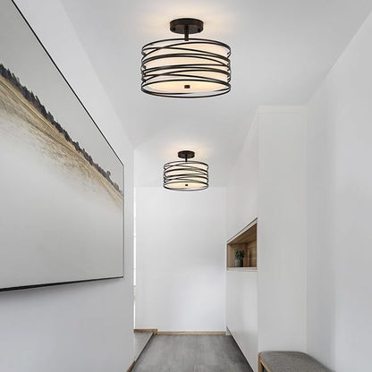 Drum Semi Flush Mount Ceiling Light Fixture, Black Matal & Linen Fabric Shade Ceiling Light, Modern Farmhouse Close to Ceiling Light for Bedroom, Hallway, Entryway, Dining Room, Laundry Room