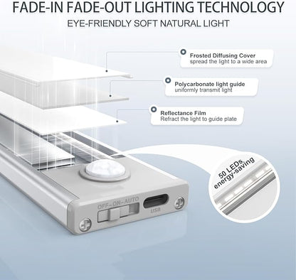 6 Pack Under Cabinet Lighting Wireless, 50 LED Rechargeable Battery Motion Sensor Light Indoor, Stick On Magnetic Closet Lights, Under Counter Lights for Kitchen, Stairs, White 12 in